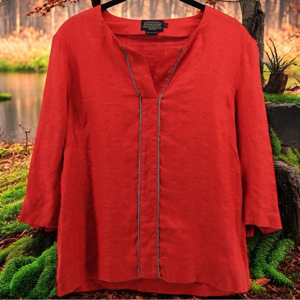 Pendelton Red‎ Woven Linen Lora Tunic Lagenlook Artsy Quiet Luxury Size 4